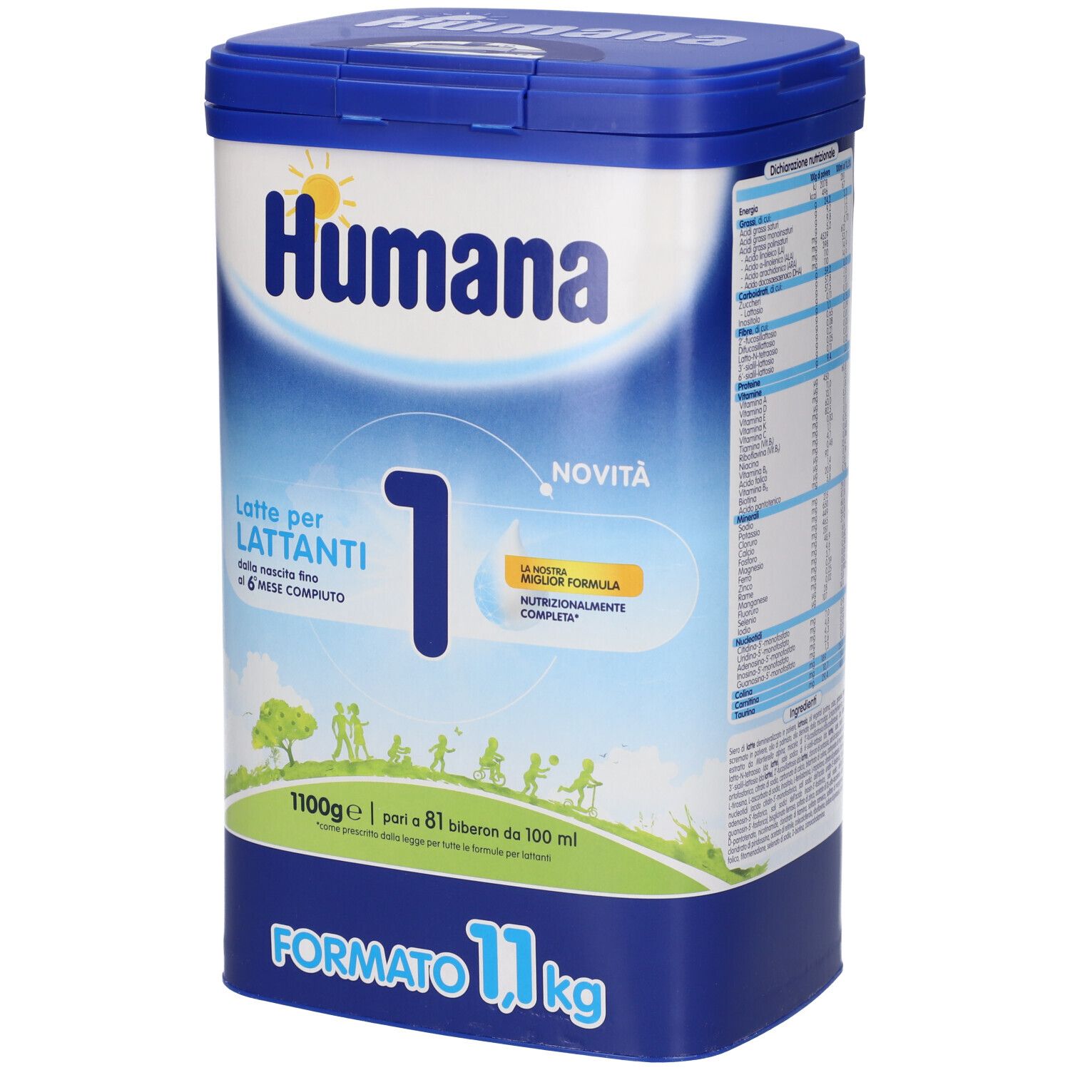 Humana 1 Latte per Lattanti. Barattolo blu con etichetta bianca. Scritta Humana, 1, Latte per Lattanti, 1100g.