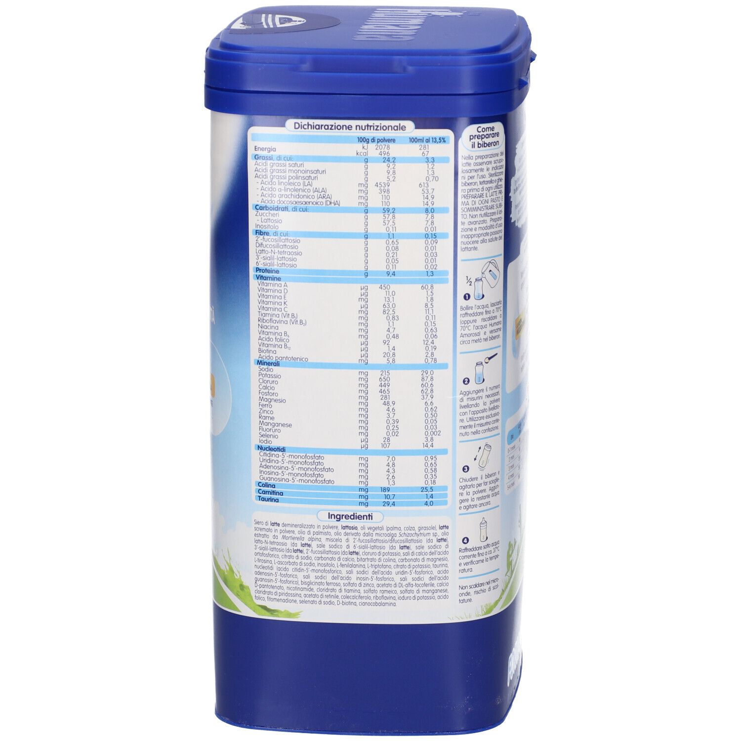 Lato del barattolo Humana 1. Barattolo blu con testo in italiano. Contiene informazioni nutrizionali e ingredienti.