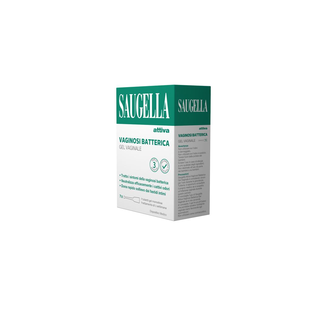 Saugella Attiva Vaginosi Batterica Gel Vaginale. Scatola bianca e verde. Logo e testo. Vista laterale.