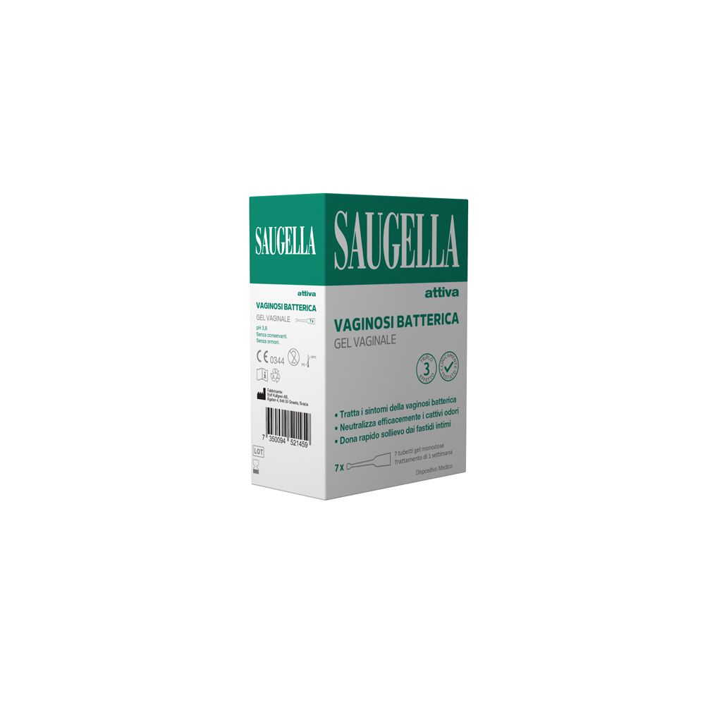 Saugella Attiva Vaginosi Batterica Gel Vaginale. Scatola bianca e verde. Logo e testo. Vista laterale.