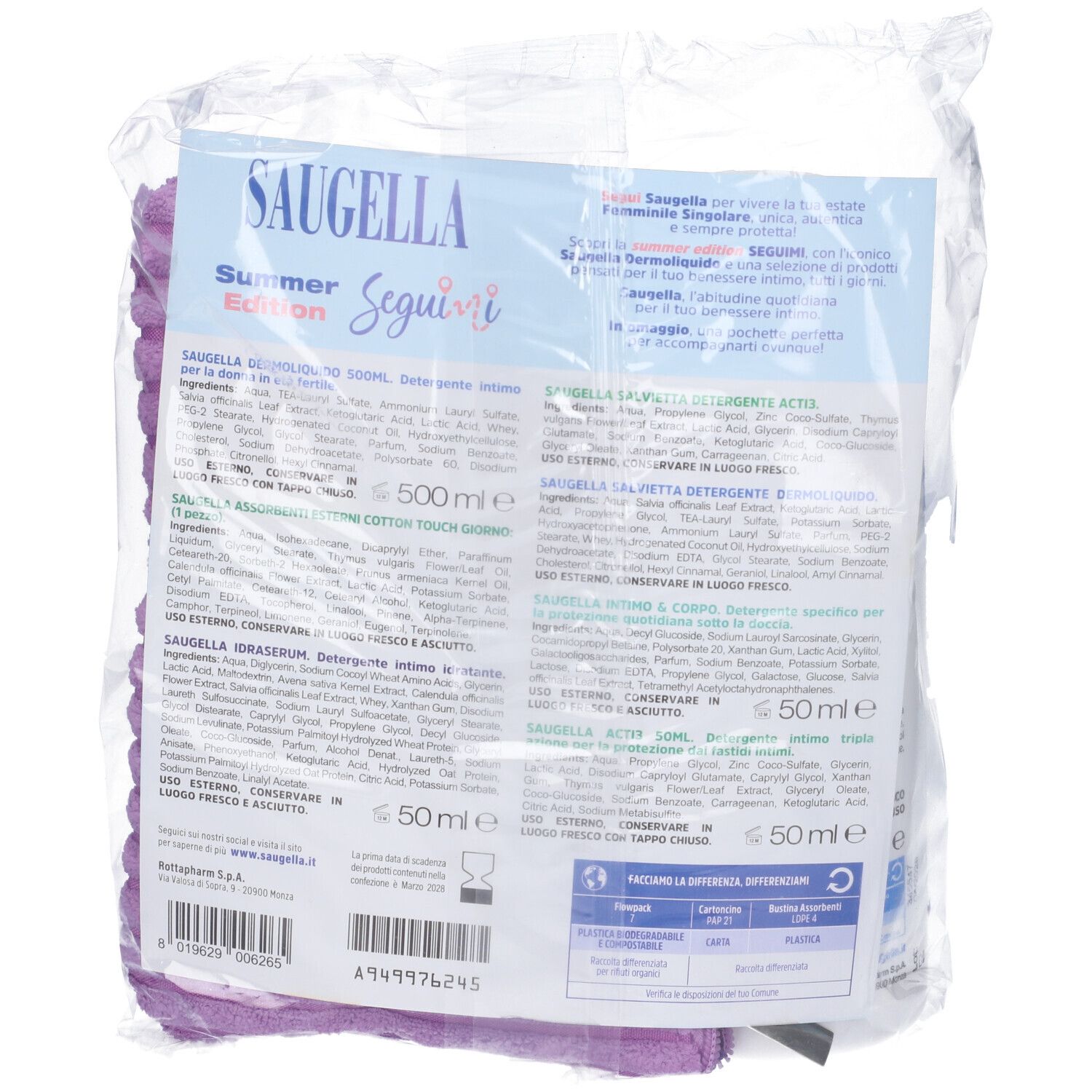 Retro della confezione in plastica con informazioni sul prodotto. Logo SAUGELLA e testo. Contiene un asciugamano.