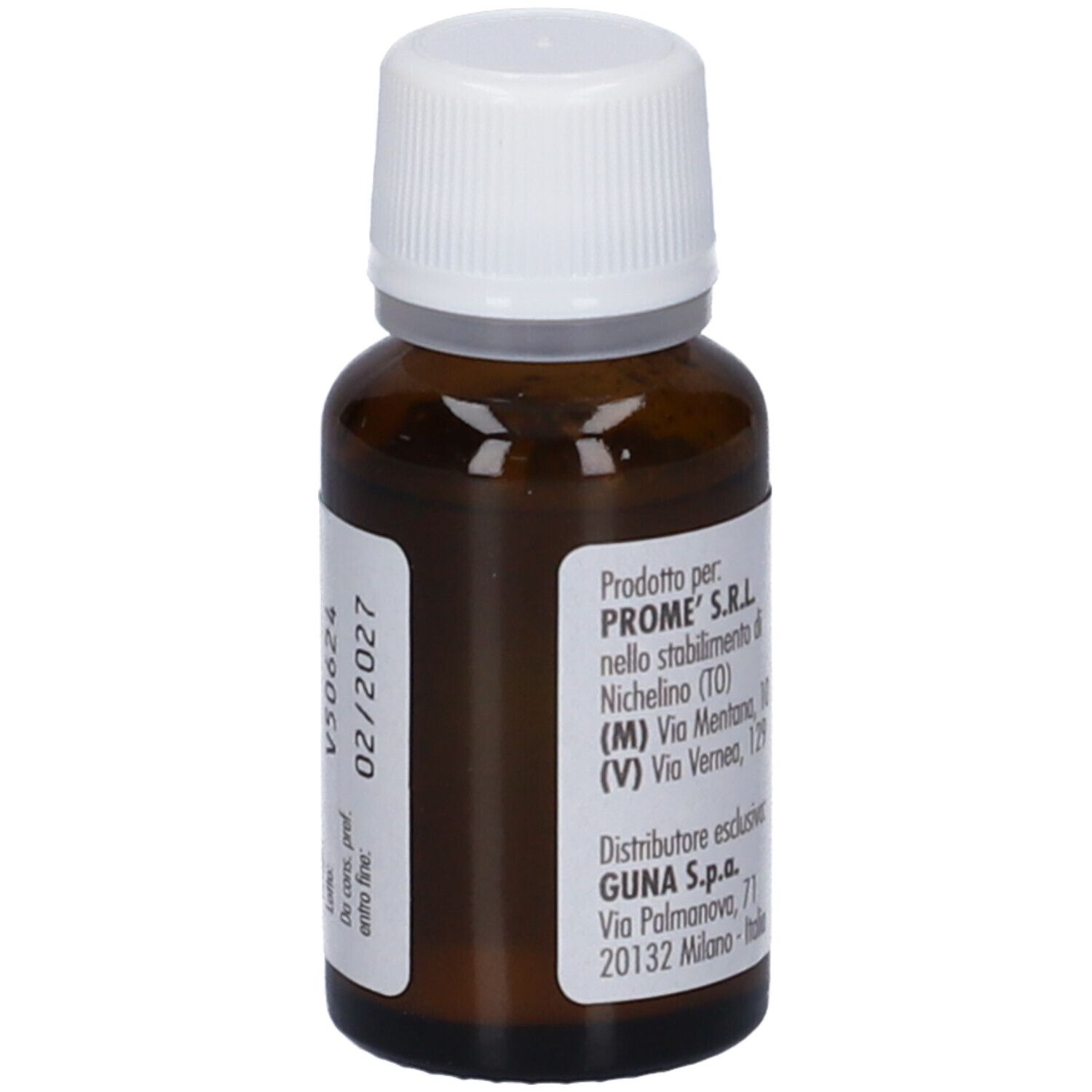 Flacone di vetro marrone con tappo bianco. Etichetta con informazioni del produttore e data di scadenza. Contagocce.