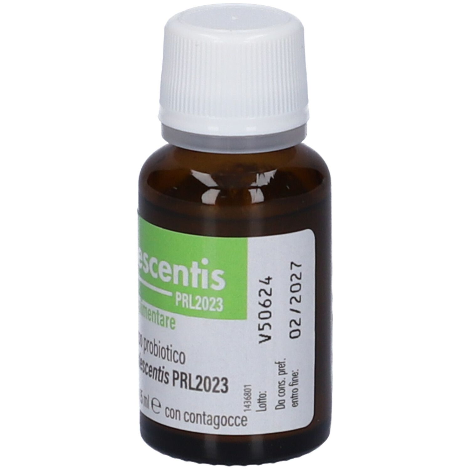 Flacone di vetro marrone con tappo bianco. Etichetta con nome del prodotto, informazioni e data di scadenza. Contagocce.