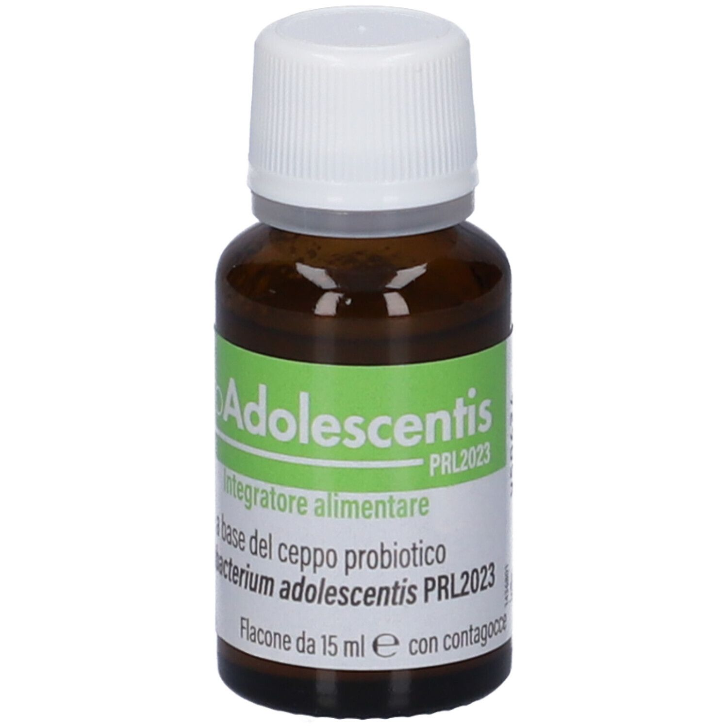 Flacone di vetro marrone con tappo bianco. Etichetta con nome del prodotto e informazioni. Contagocce.