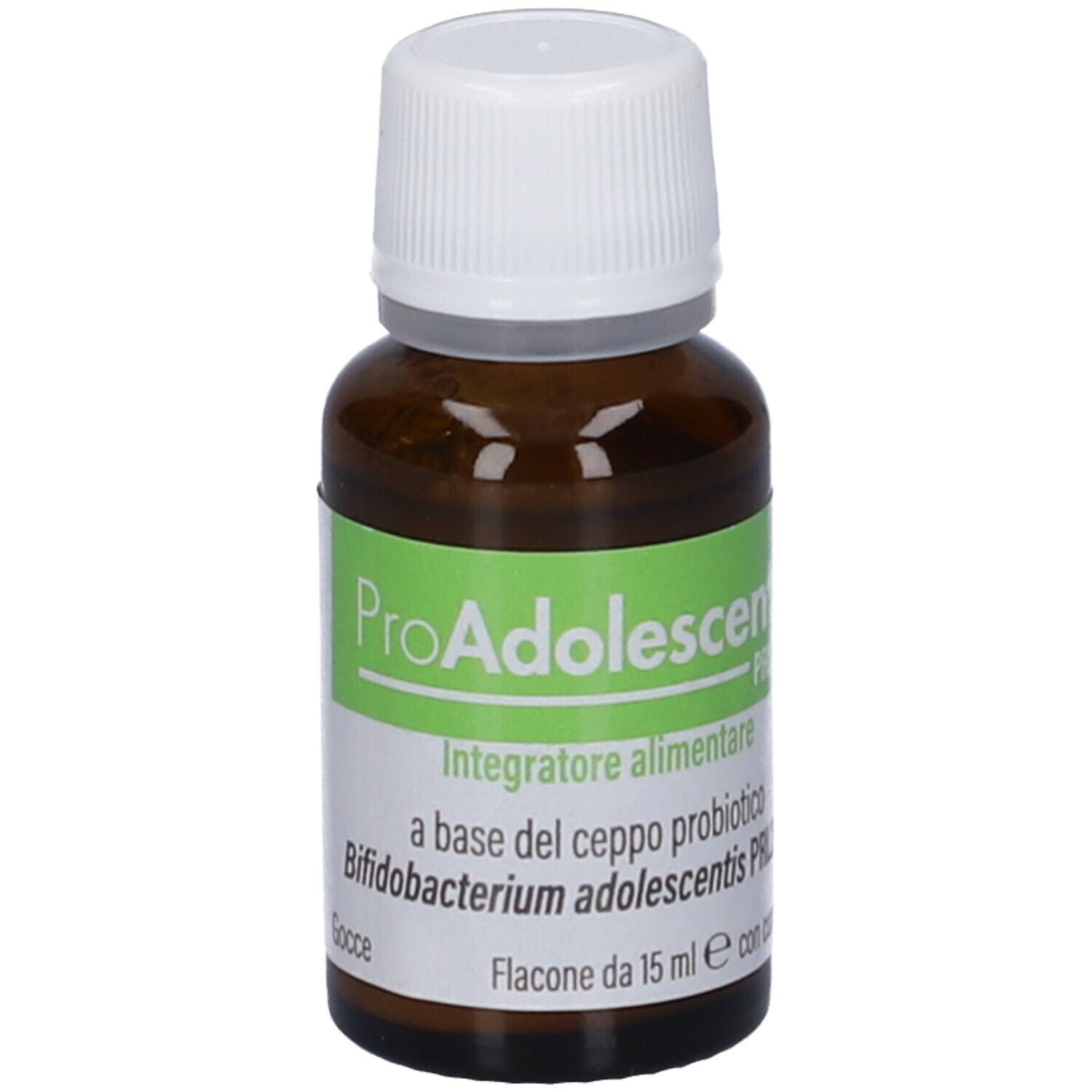 Flacone di vetro marrone con tappo bianco. Etichetta con nome del prodotto e informazioni. Contagocce.