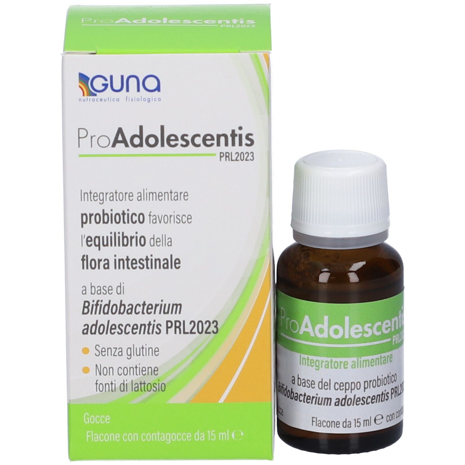 Flacone e confezione del prodotto. Flacone marrone, tappo bianco. Confezione bianco-verde con nome e informazioni.