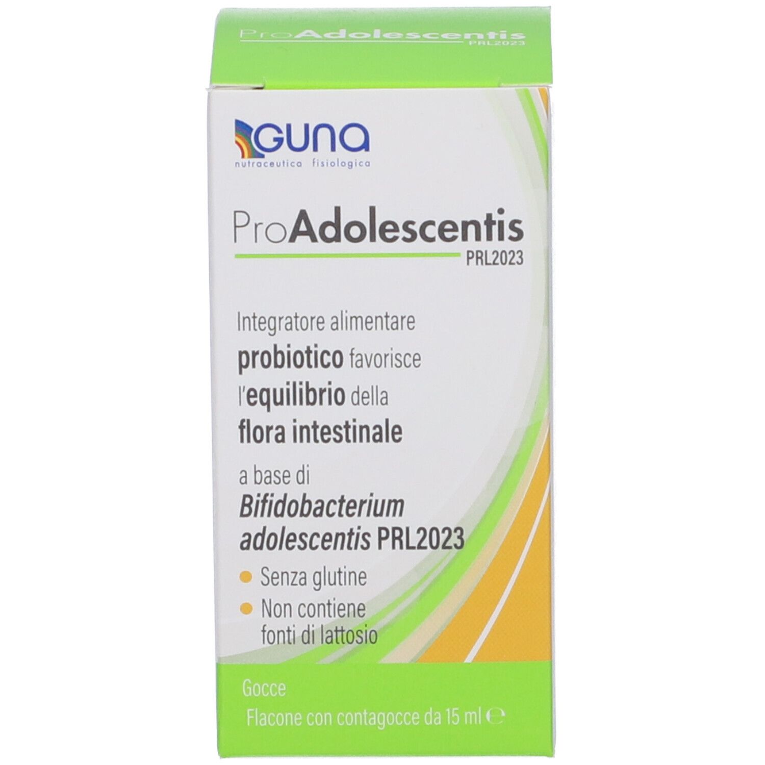 Confezione del prodotto. Scatola bianco-verde con nome e informazioni. Contagocce illustrato.