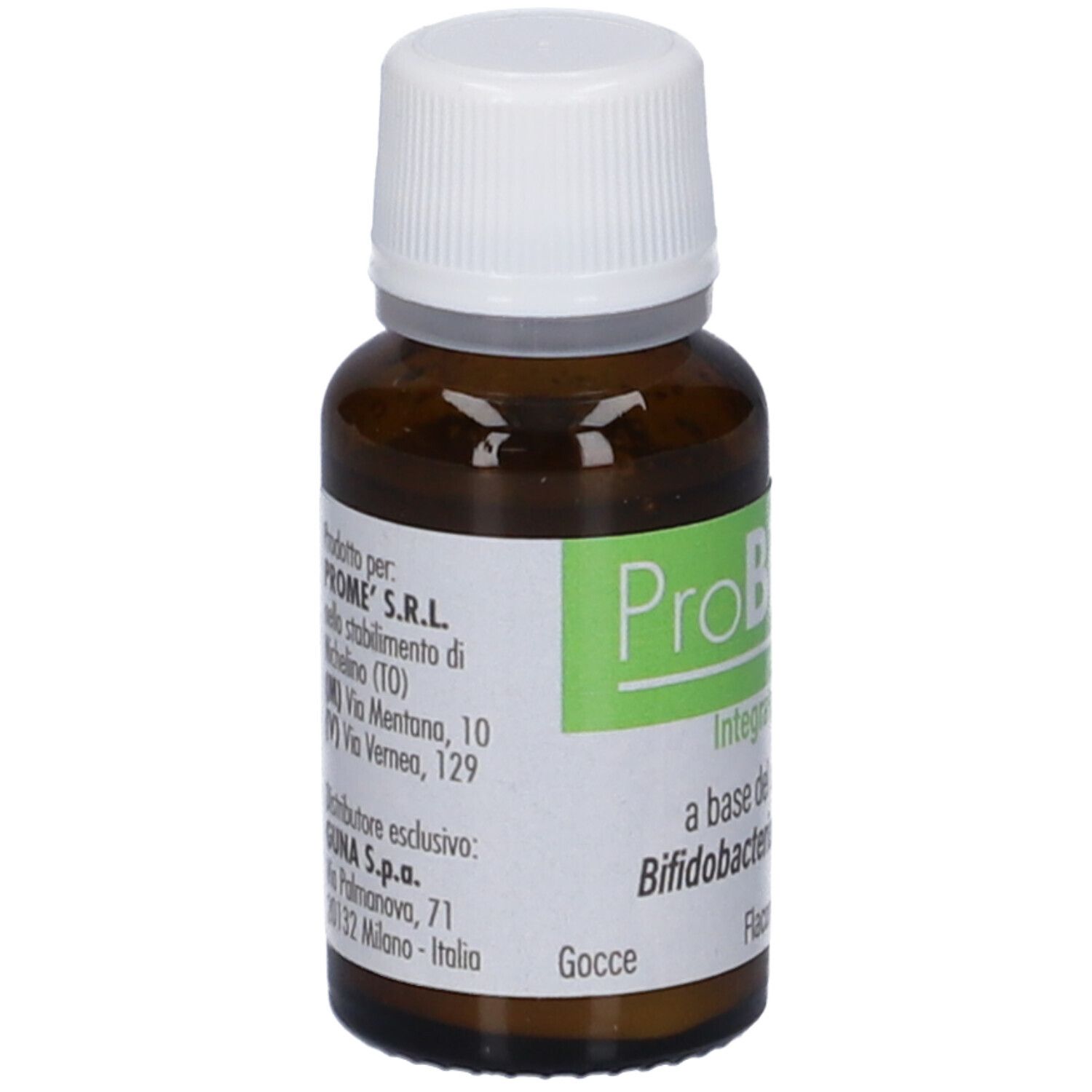 Flacone di vetro marrone con tappo bianco. Etichetta con nome del prodotto e informazioni produttore. Gocce.