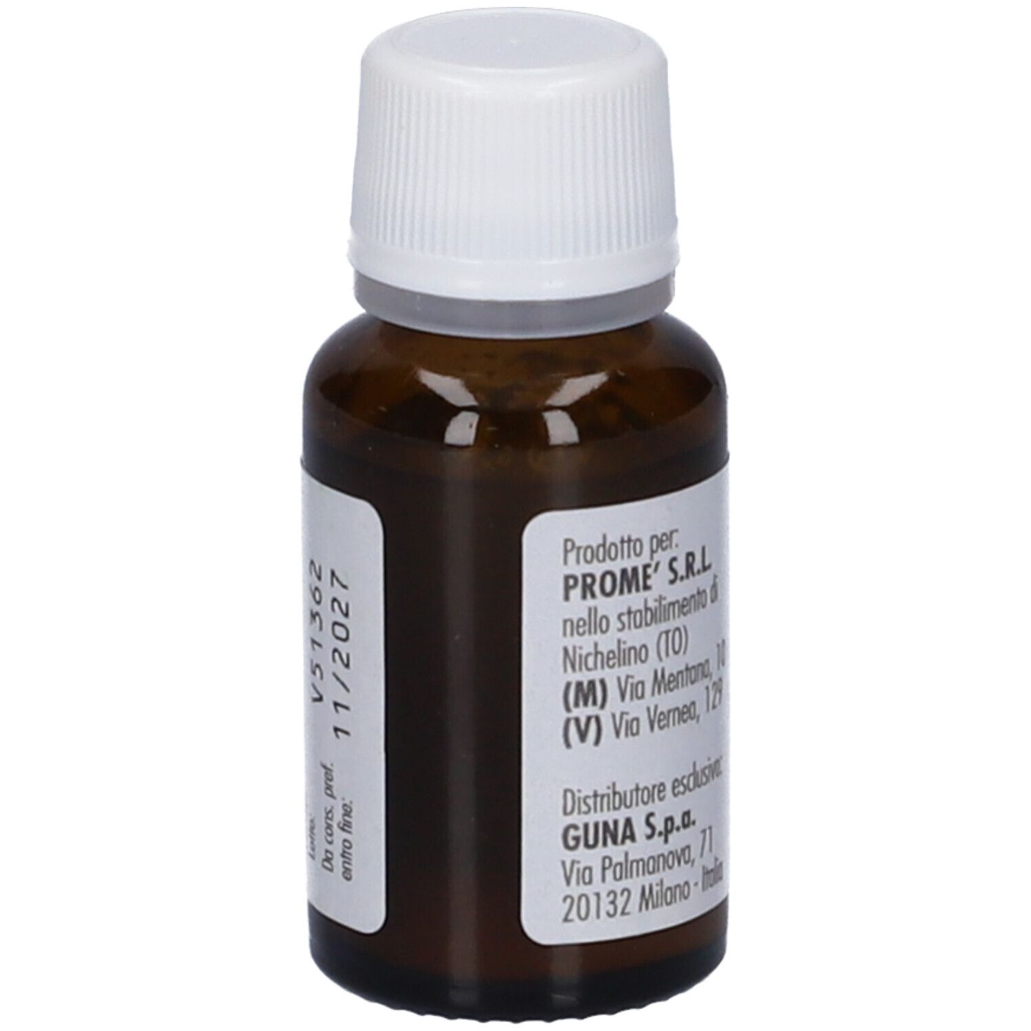 Flacone di vetro marrone con tappo bianco. Etichetta con informazioni produttore e data di scadenza. Flacone.
