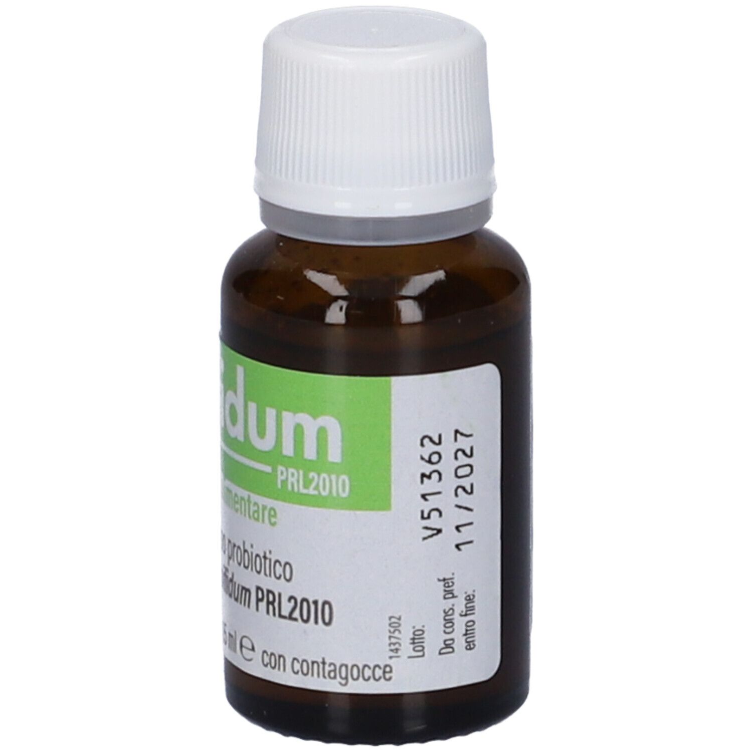 Flacone di vetro marrone con tappo bianco. Etichetta con nome del prodotto, informazioni e scadenza. Flacone.