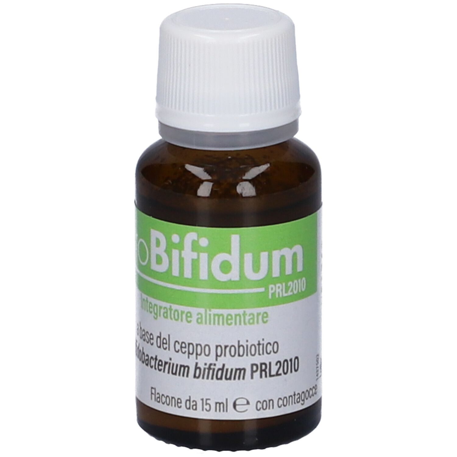 Flacone di vetro marrone con tappo bianco. Etichetta con nome del prodotto e informazioni. Flacone con contagocce.