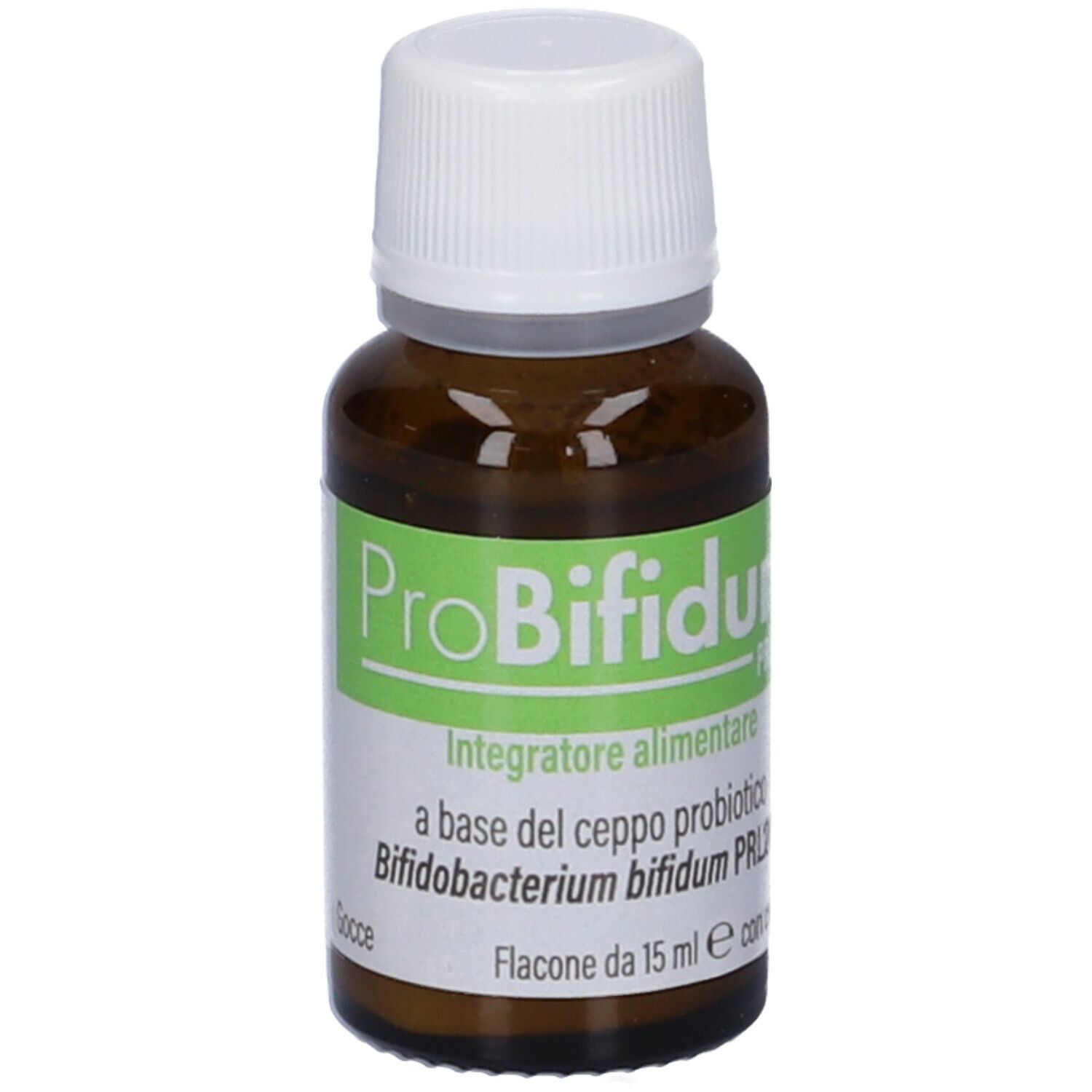 Flacone di vetro marrone con tappo bianco. Etichetta con nome del prodotto e informazioni. Flacone con contagocce.