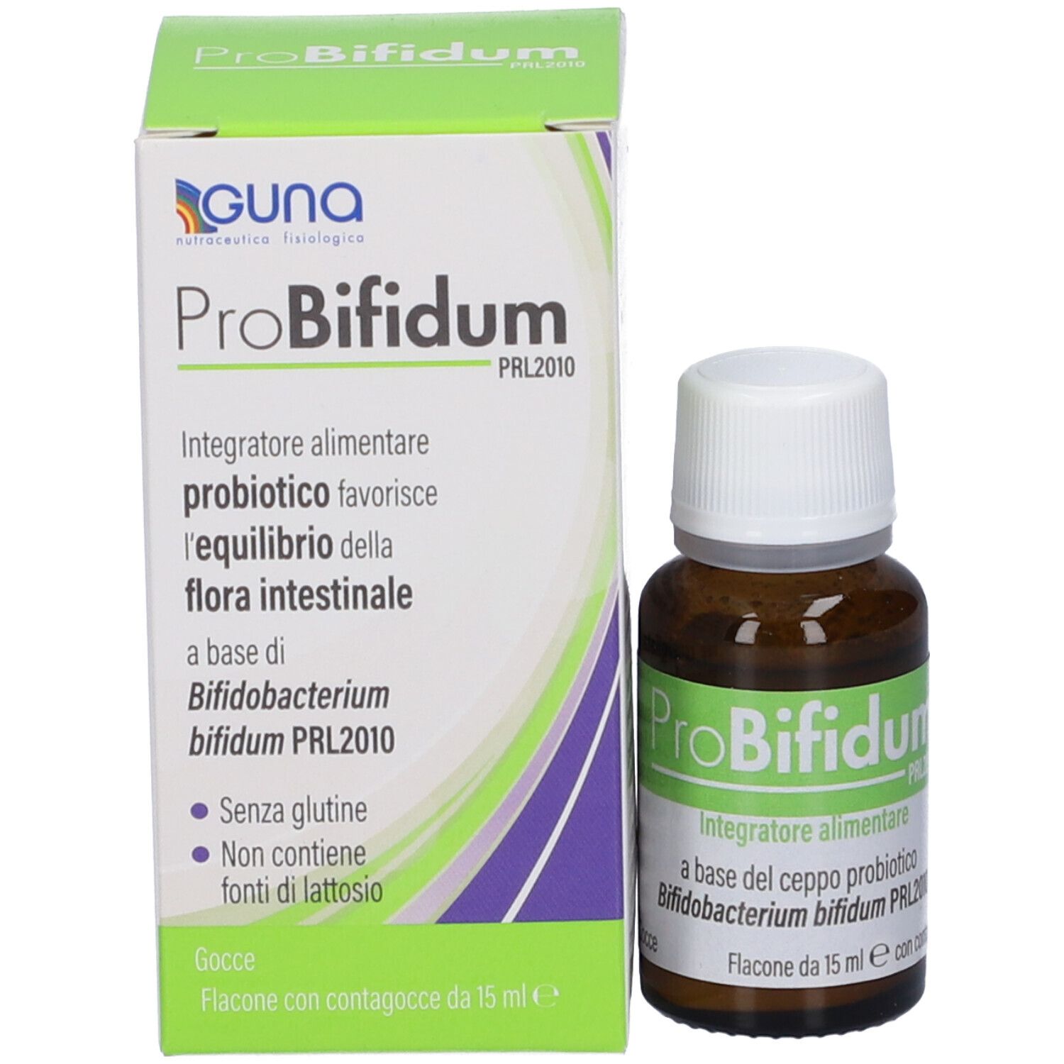 Flacone e confezione del prodotto. Flacone con tappo bianco, etichetta. Scatola con nome del prodotto e informazioni.