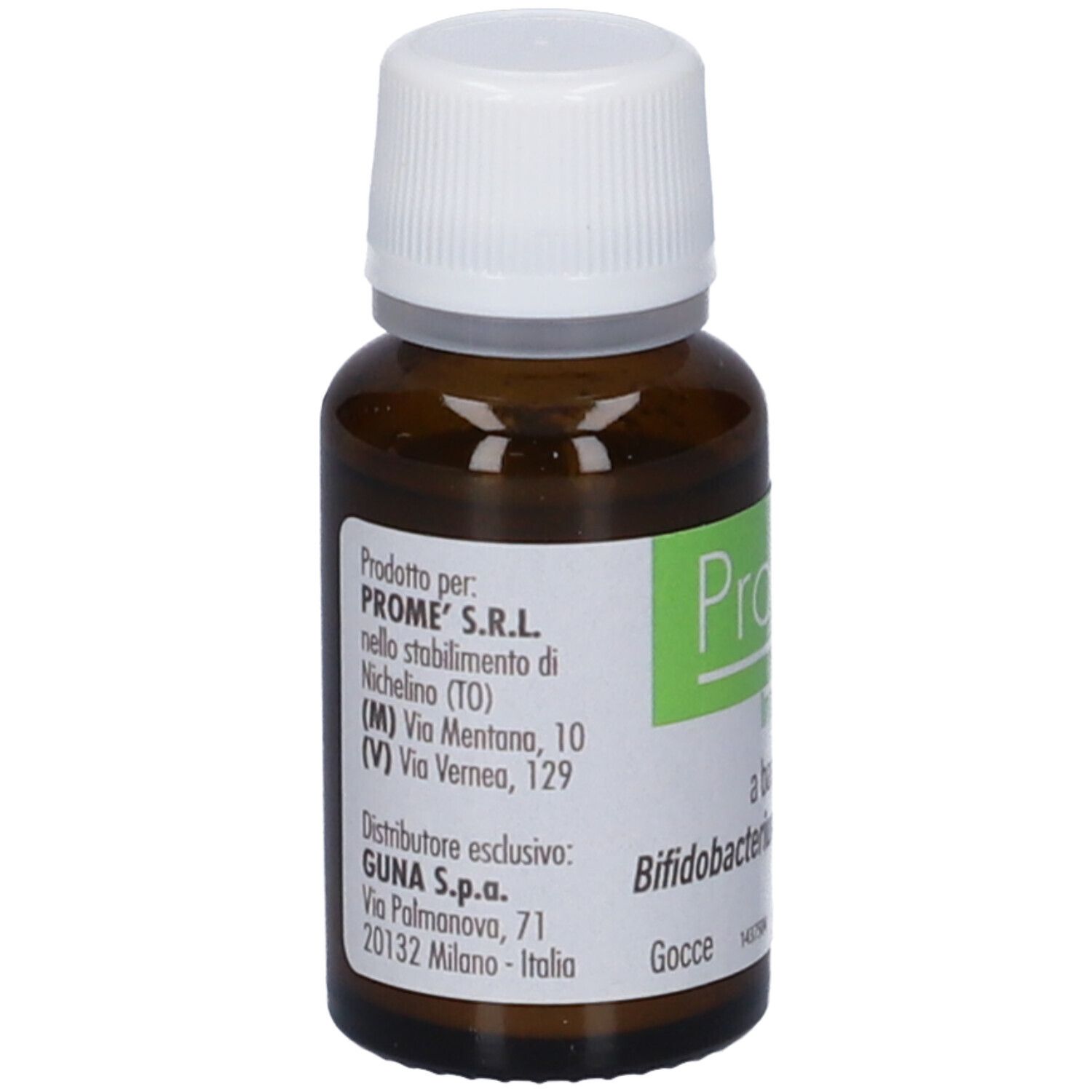 Flacone di vetro marrone con tappo bianco. Etichetta con informazioni sul prodotto e indirizzo. Gocce.