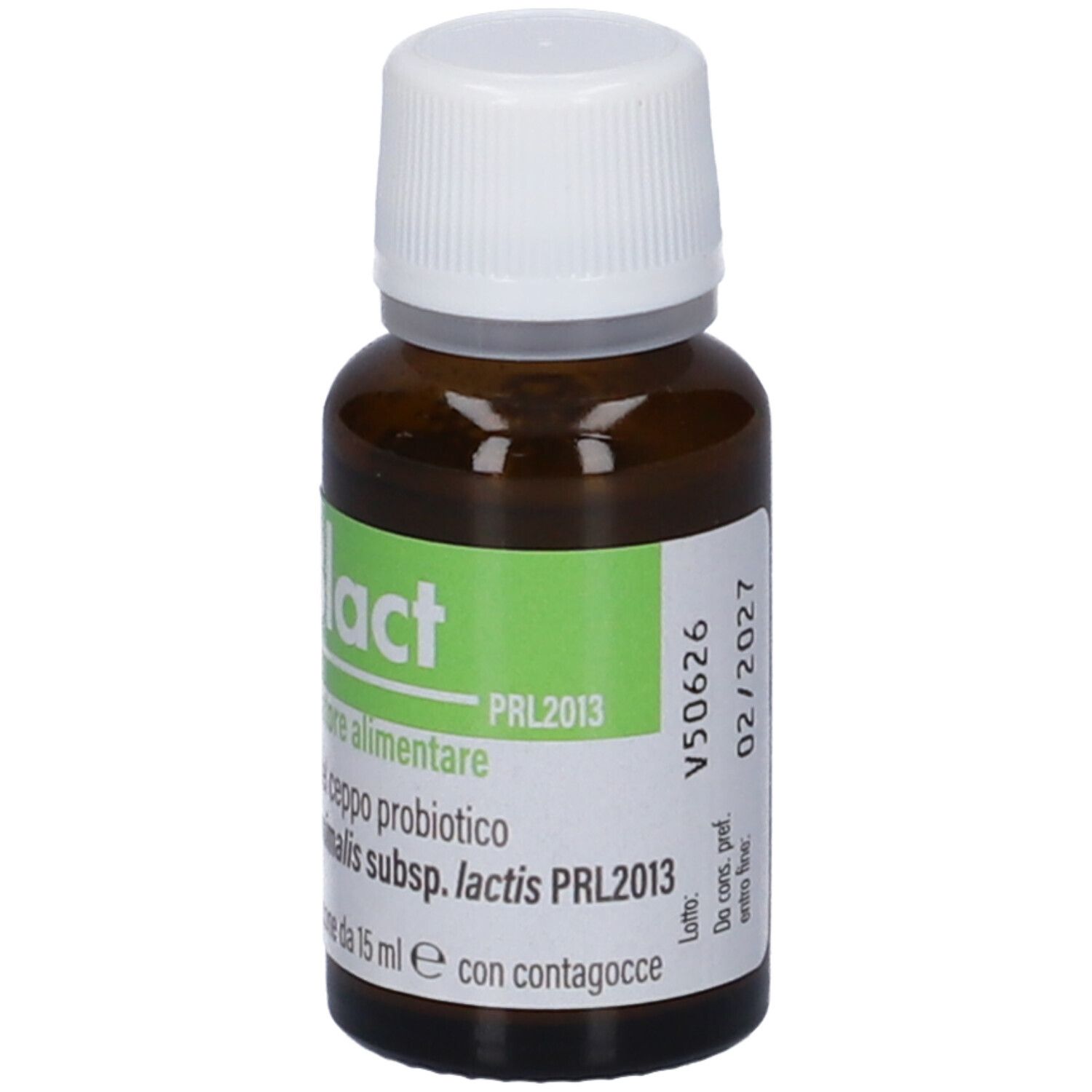 Flacone di vetro marrone con tappo bianco. Etichetta con nome del prodotto e informazioni. Gocce.