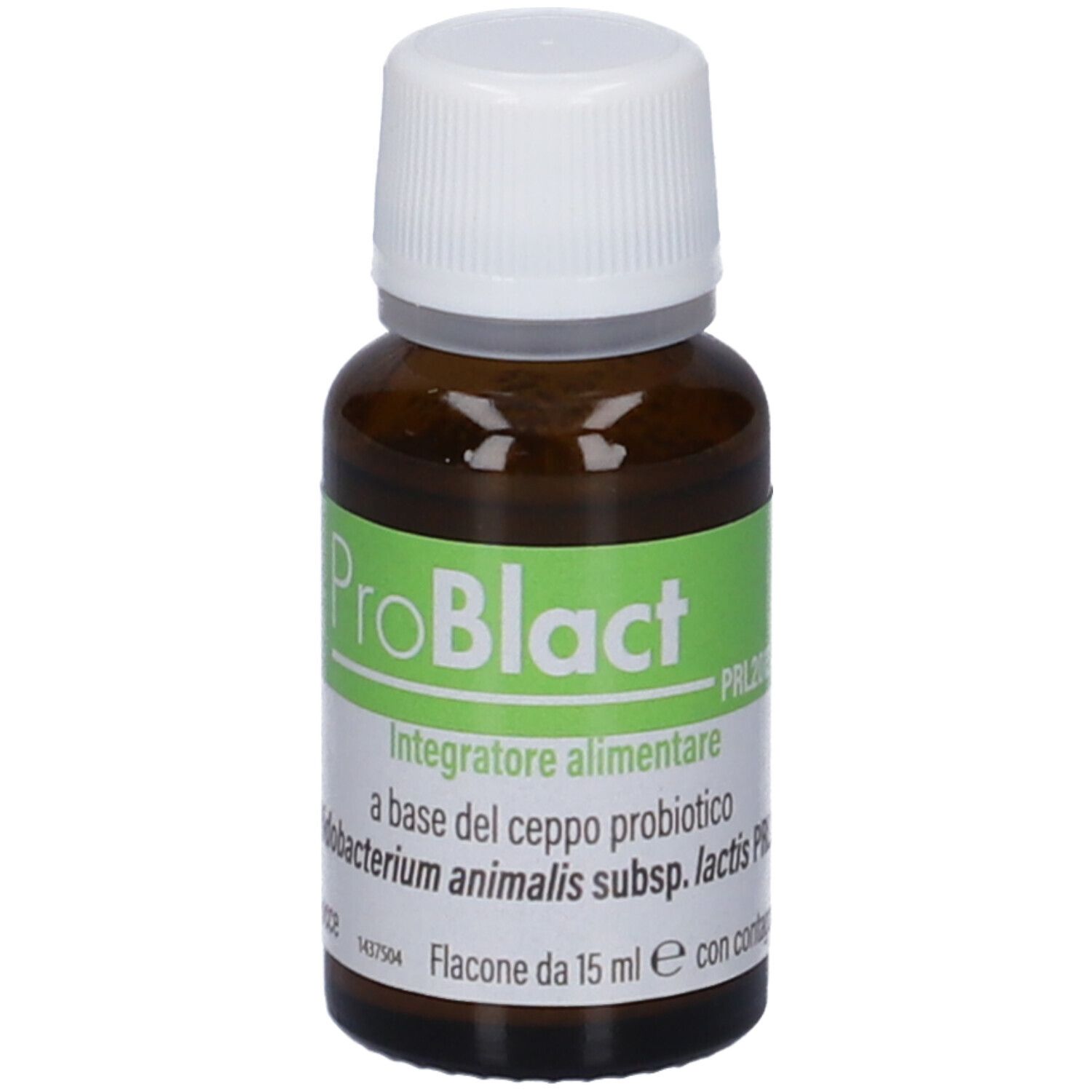 Flacone di vetro marrone con tappo bianco. Etichetta con informazioni sul prodotto. Gocce.