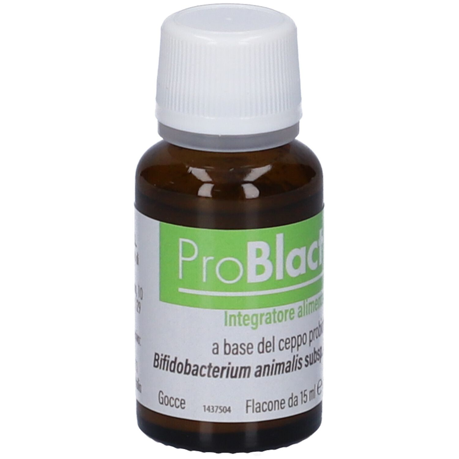 Flacone di vetro marrone con tappo bianco. Etichetta con informazioni sul prodotto. Gocce.