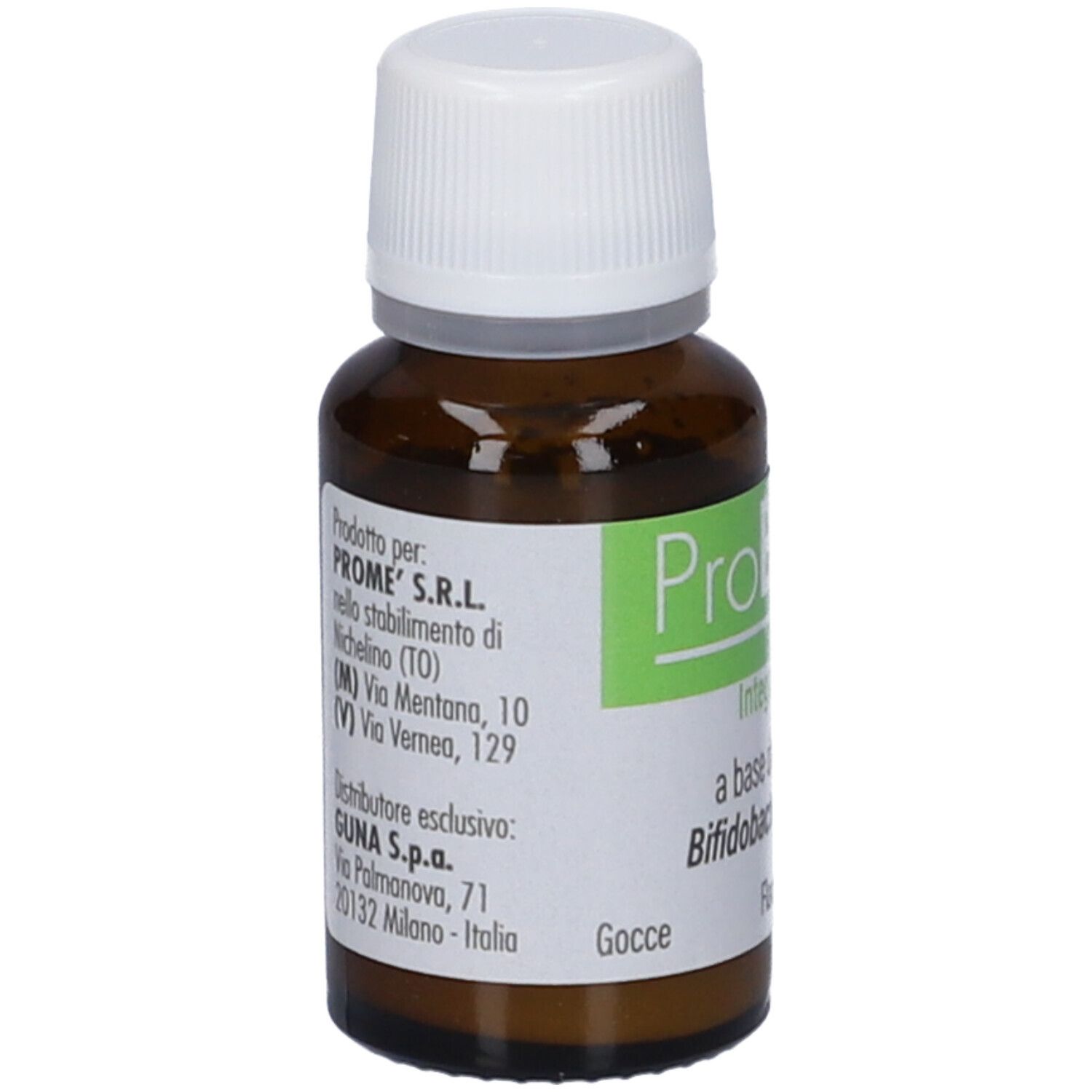 Flacone di vetro marrone con tappo bianco. Etichetta con informazioni produttore e nome ProBreve. Contiene 15 ml.