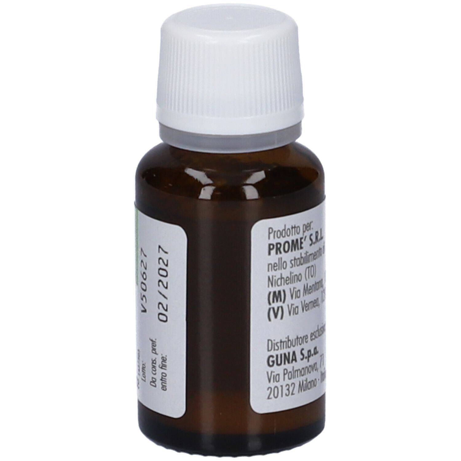 Flacone di vetro marrone con tappo bianco. Etichetta con data di scadenza e informazioni produttore. Contiene 15 ml.