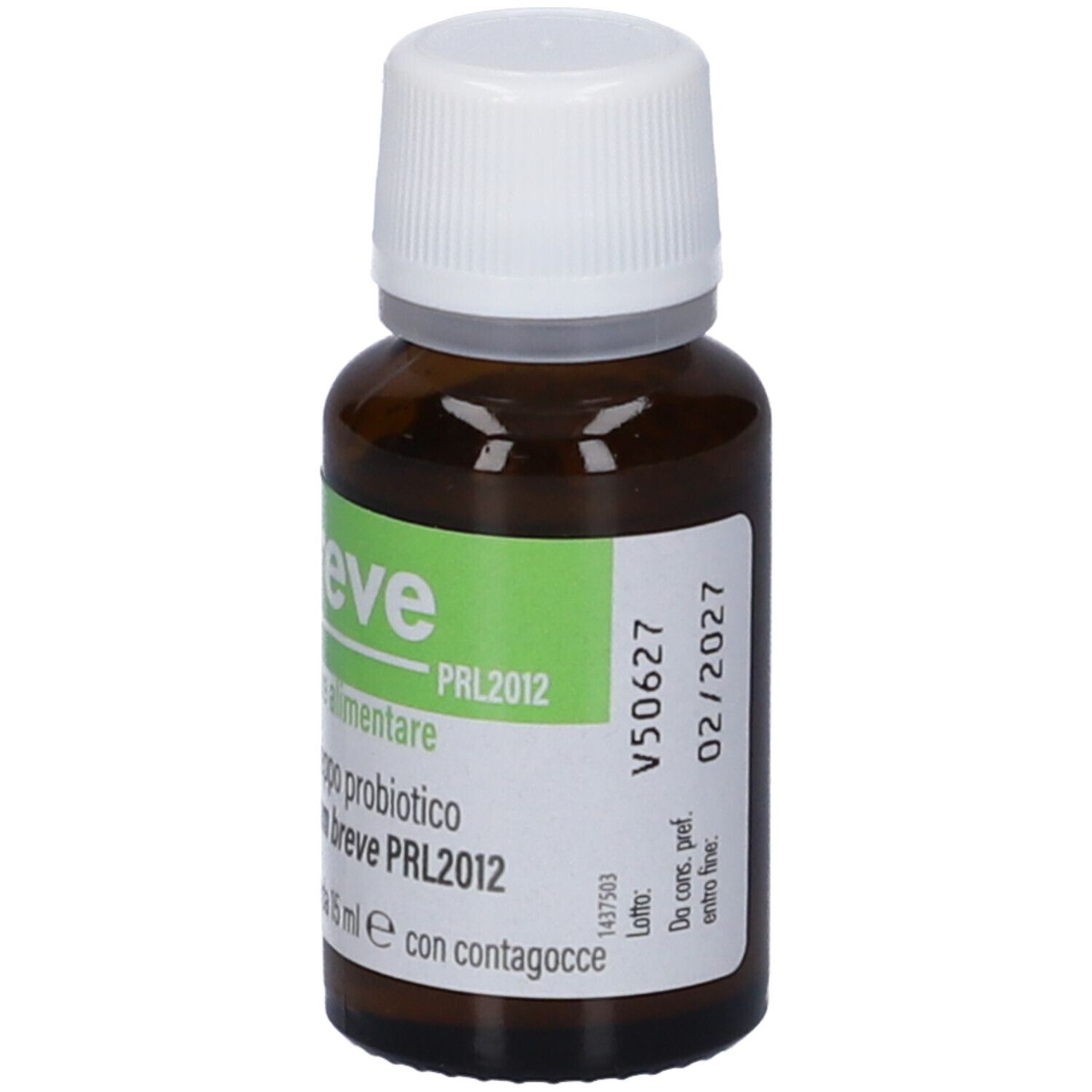 Flacone di vetro marrone con tappo bianco. Etichetta con nome ProBreve e data di scadenza. Contiene 15 ml.