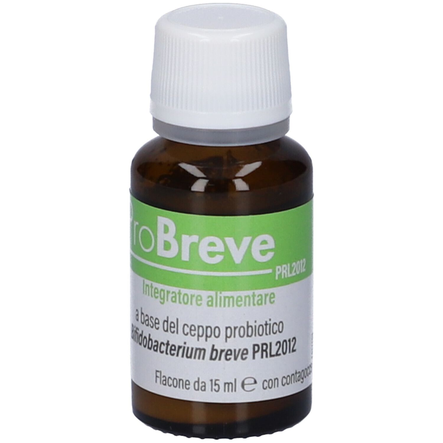 Flacone di vetro marrone con tappo bianco. Etichetta con nome ProBreve e informazioni. Contiene 15 ml.