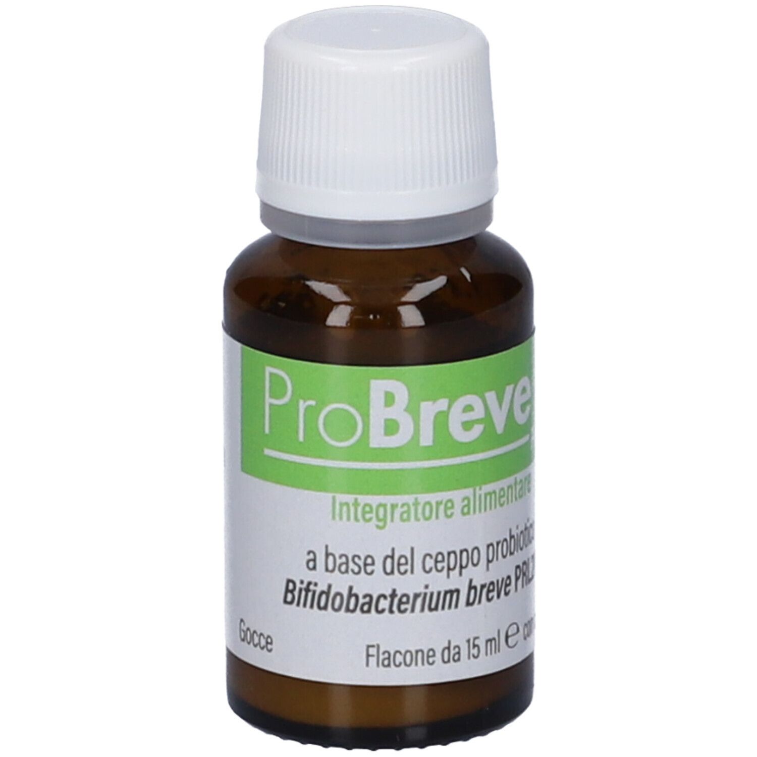 Flacone di vetro marrone con tappo bianco. Etichetta con nome ProBreve e informazioni. Contiene 15 ml.