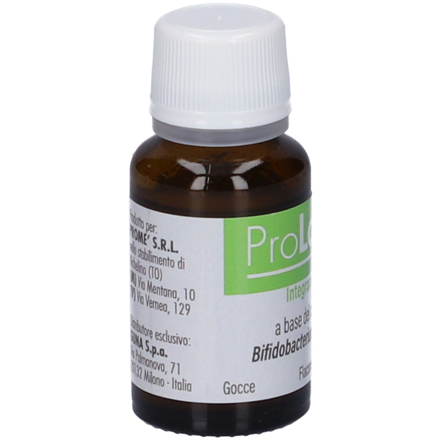 Flacone di vetro marrone con tappo bianco. Etichetta con nome ProLongum e informazioni. Gocce.