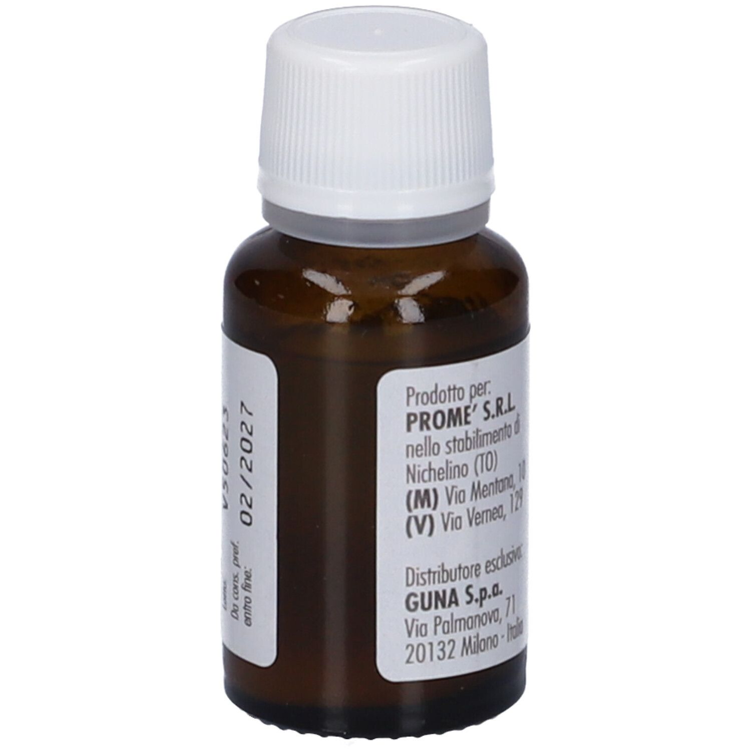 Flacone di vetro marrone con tappo bianco. Etichetta con informazioni prodotto e data di scadenza 02/2027.