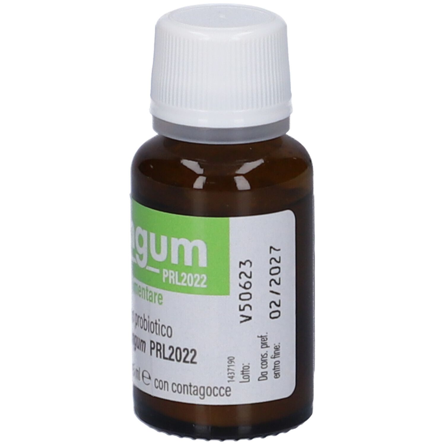 Flacone di vetro marrone con tappo bianco. Etichetta con informazioni prodotto e data di scadenza 02/2027. V50623.