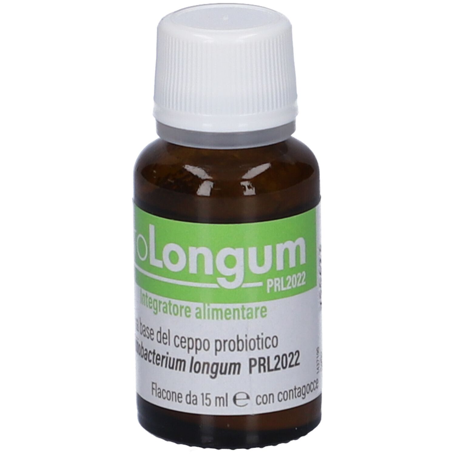 Flacone di vetro marrone con tappo bianco. Etichetta con nome ProLongum e informazioni.