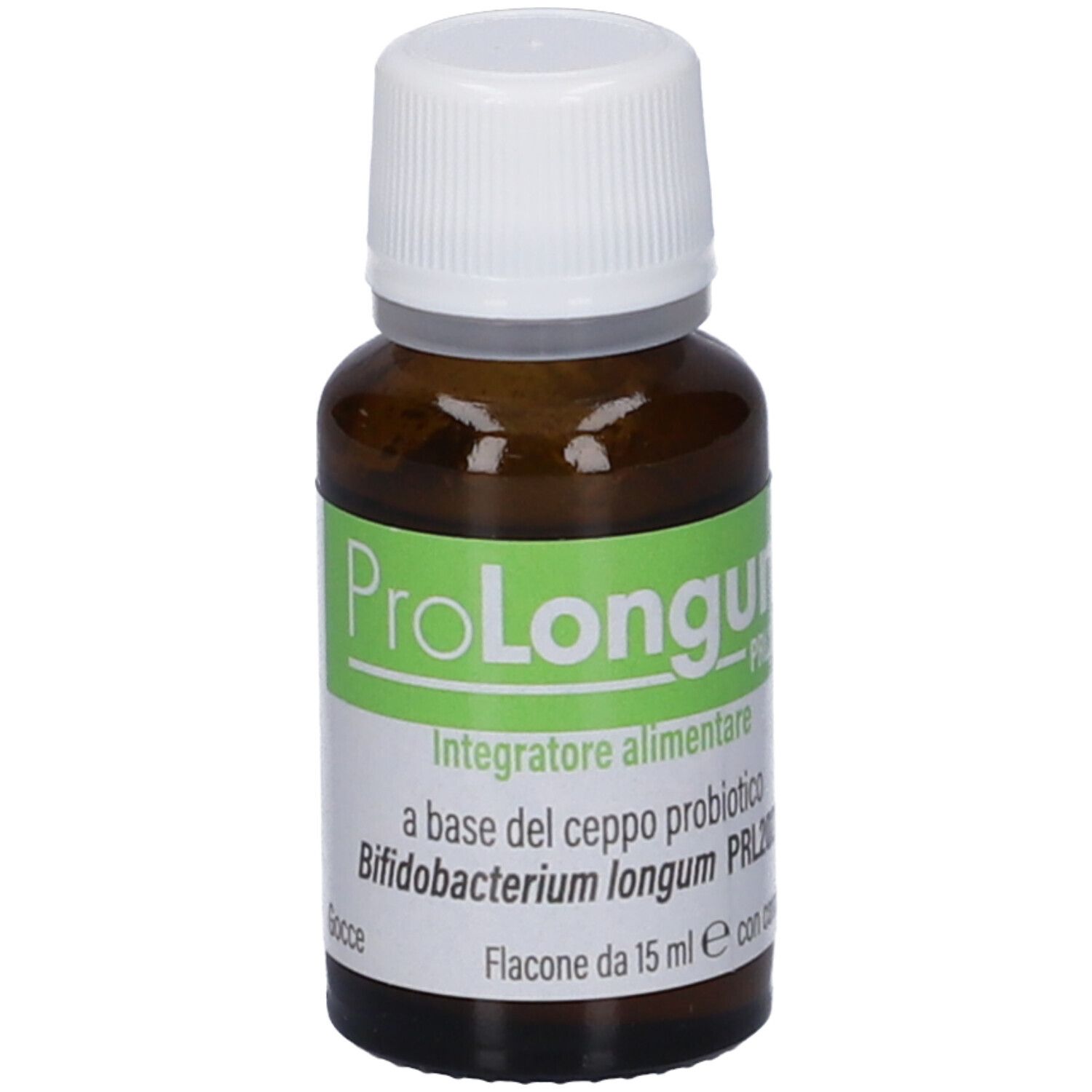 Flacone di vetro marrone con tappo bianco. Etichetta con nome ProLongum e informazioni. Flacone da 15 ml.