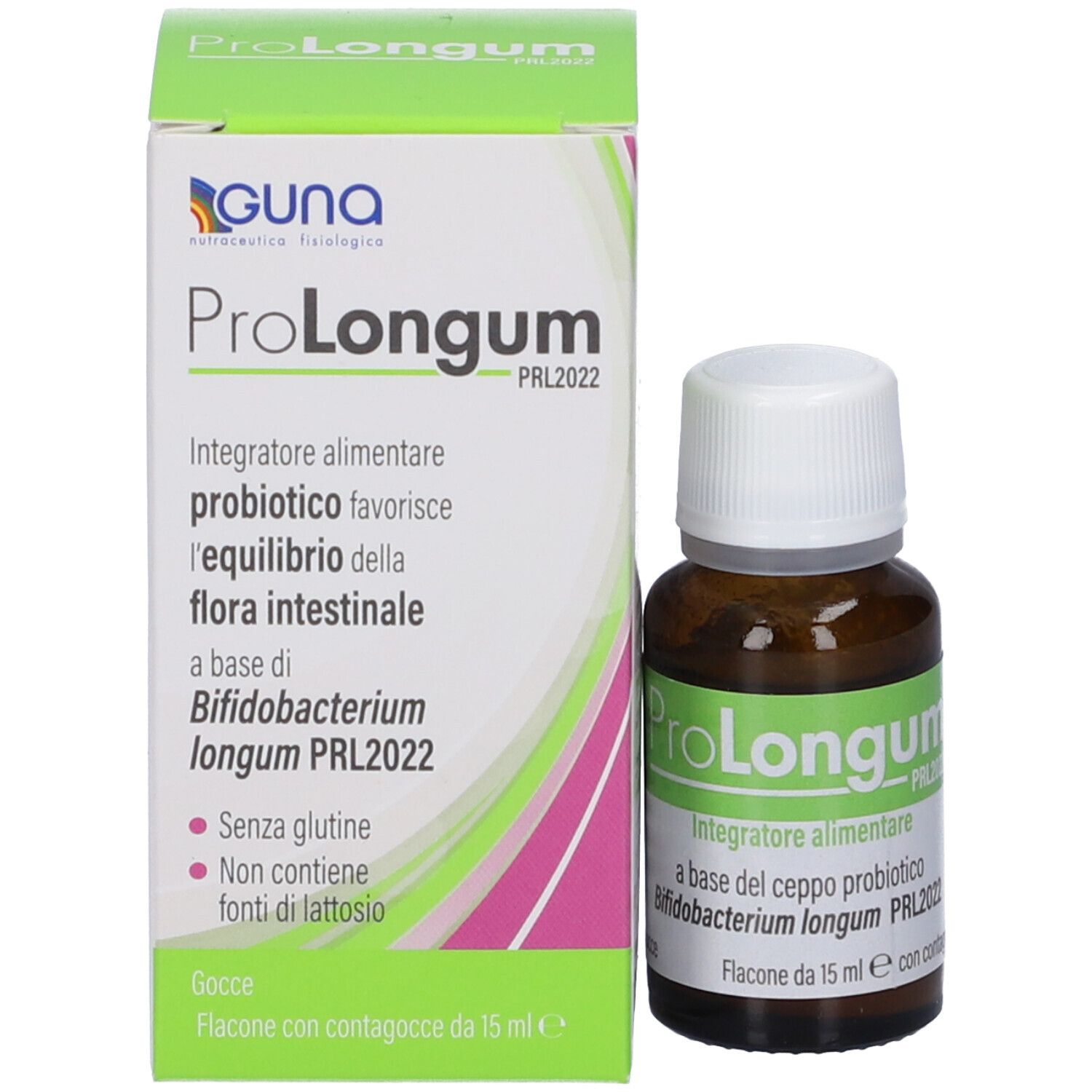 Confezione e flacone. Confezione con nome ProLongum e informazioni. Flacone marrone con tappo bianco.