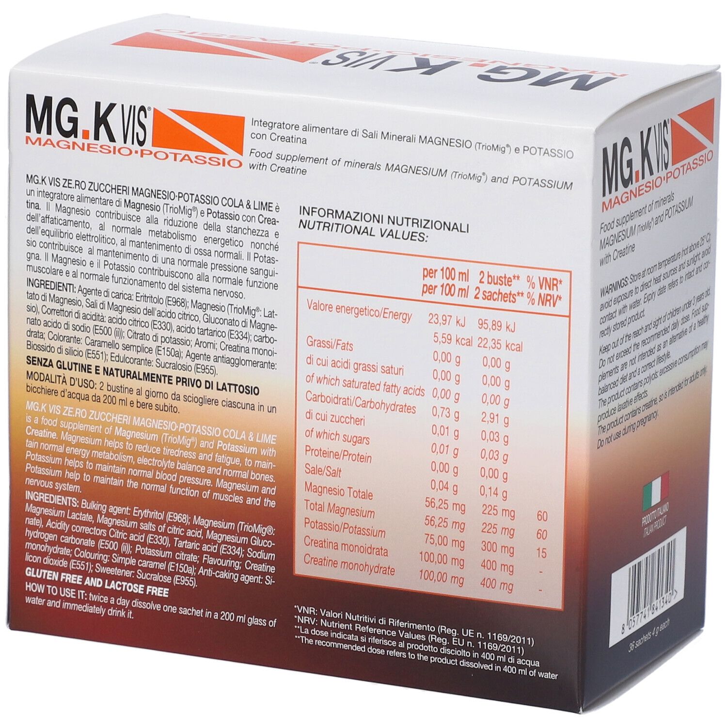 Confezione di MG.K VIS ZERO ZUCCH COL/LIME36B. Contiene informazioni nutrizionali. Testo: Magnesio, Potassio, Creatina. Ingredienti.