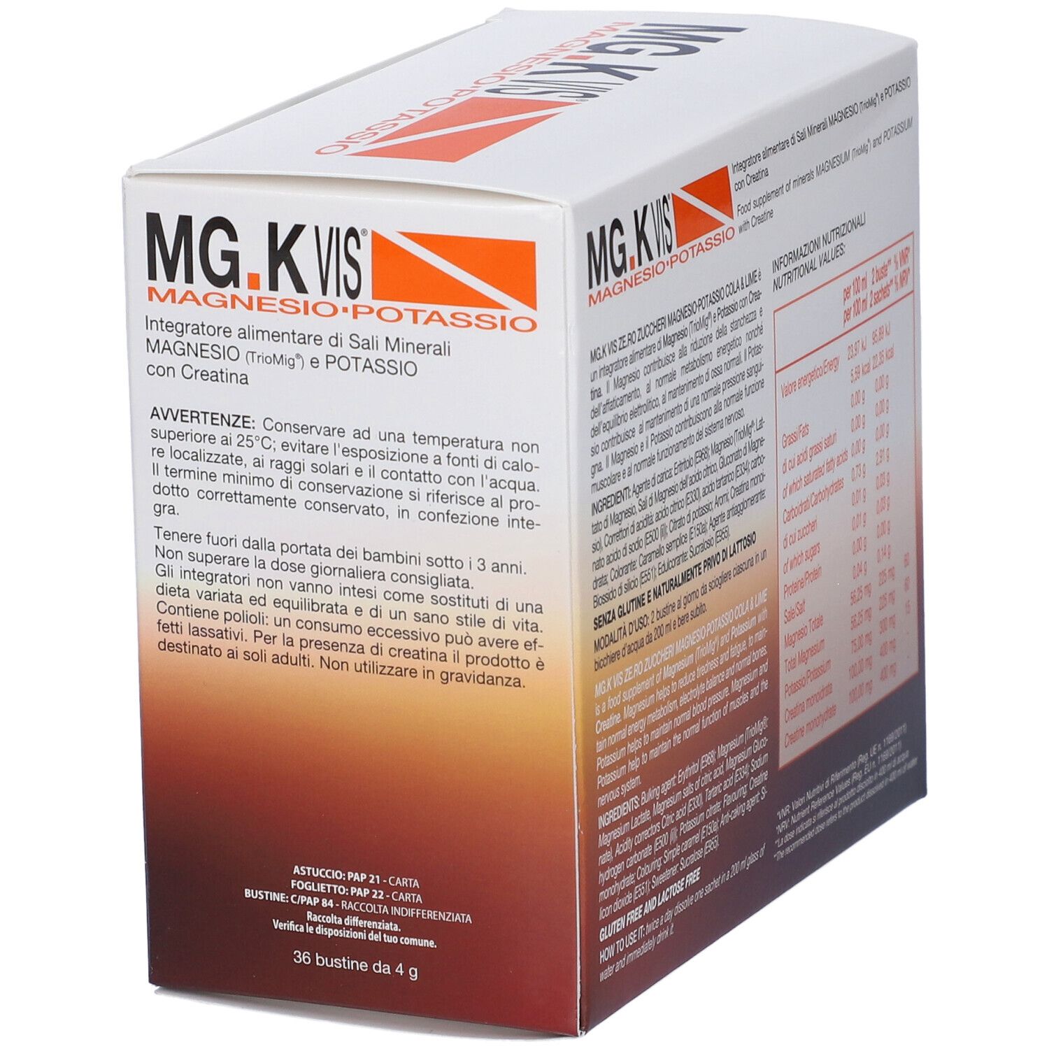 Confezione di MG.K VIS ZERO ZUCCH COL/LIME36B. Contiene 36 bustine. Testo: Magnesio, Potassio, Creatina. Avvertenze.