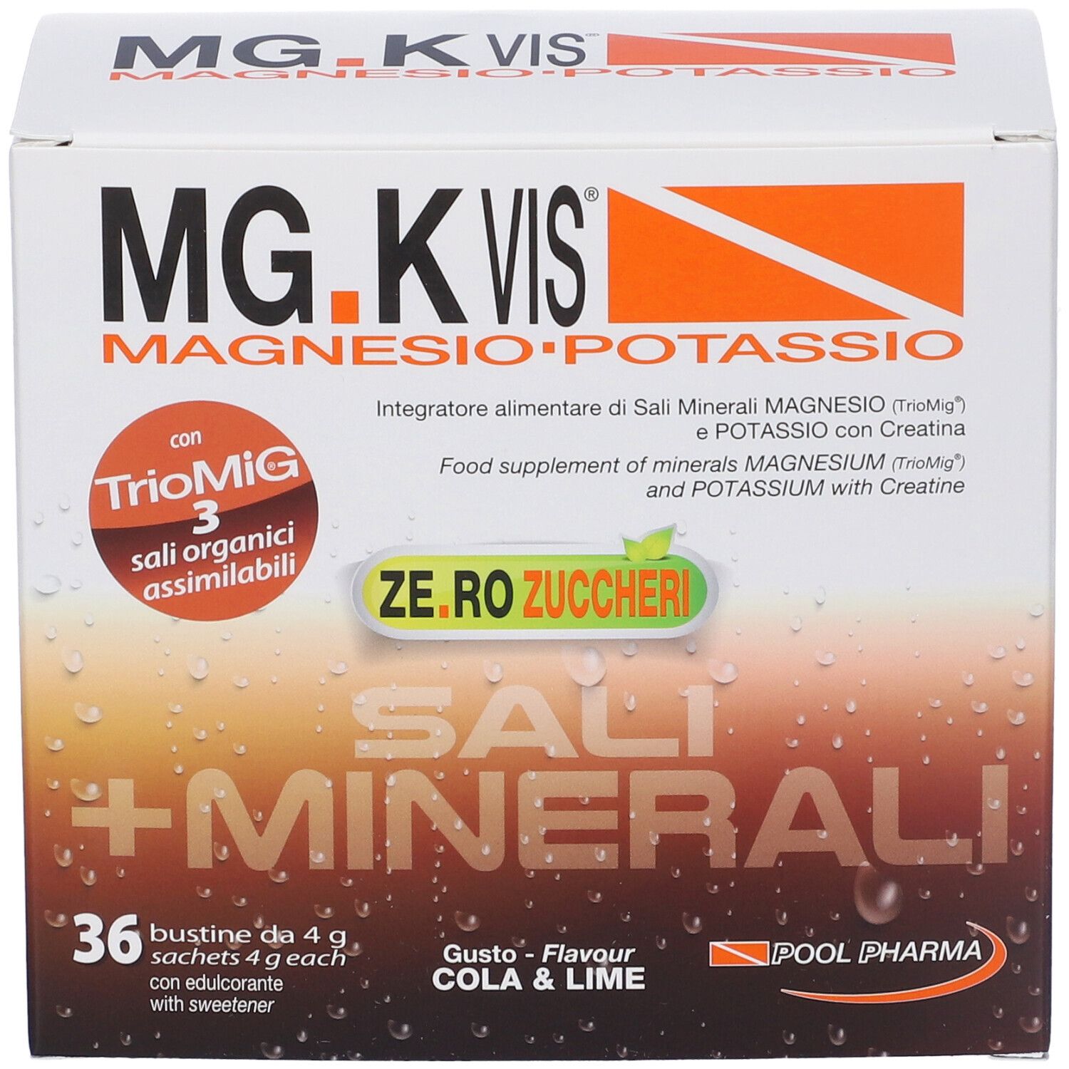 Confezione di MG.K VIS ZERO ZUCCH COL/LIME36B. Contiene 36 bustine. Scritta: Sali + Minerali, Cola & Lime. Con TrioMig.