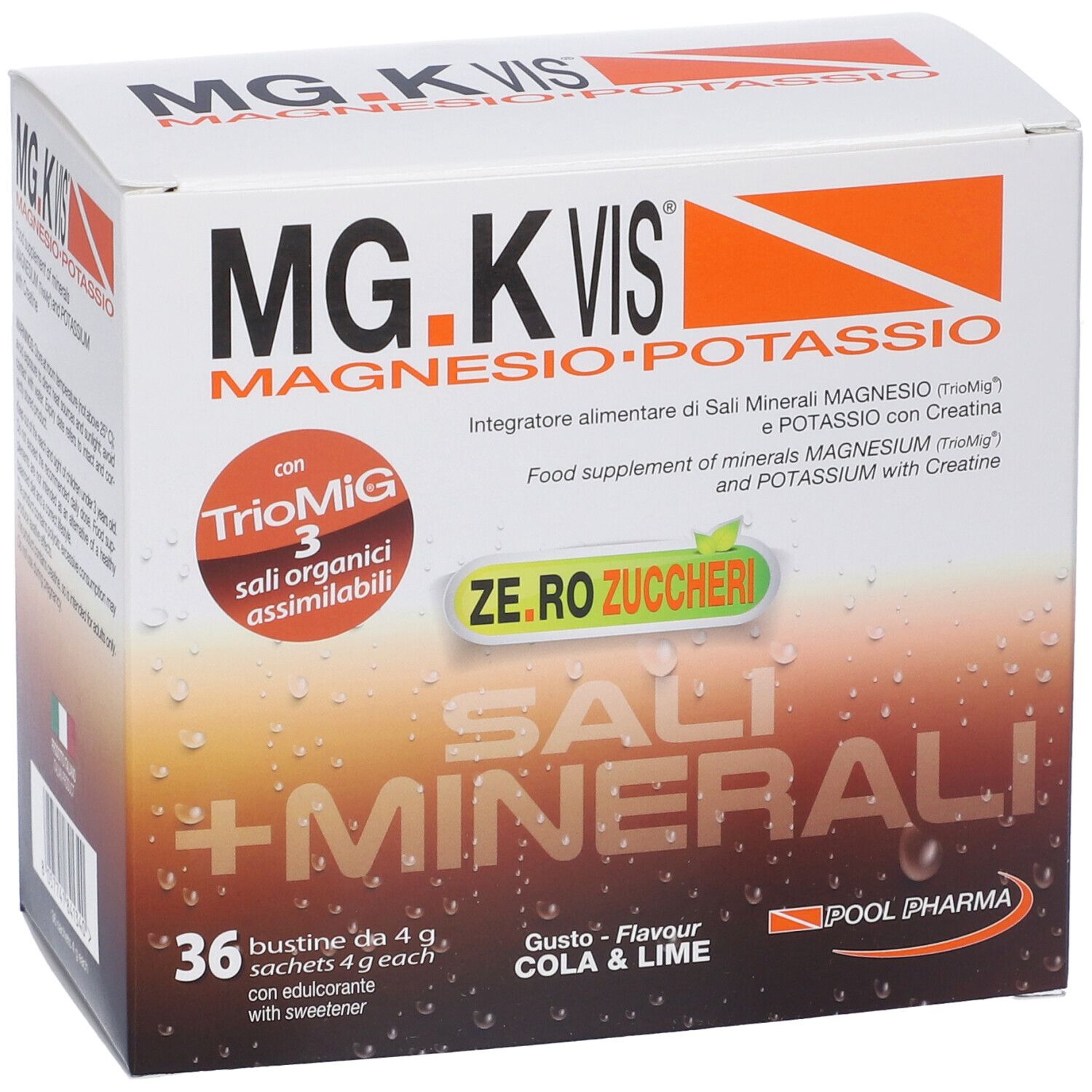 Confezione di MG.K VIS ZERO ZUCCH COL/LIME36B. Contiene 36 bustine. Scritta: Sali + Minerali, Cola & Lime. Con TrioMig.