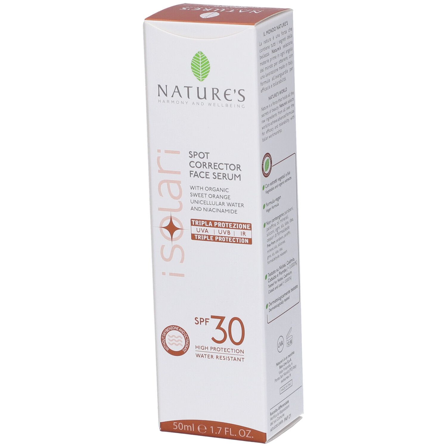 Confezione Nature's I Solari Spot Corrector Face Serum. Bianca con dettagli marroni. Testo: Spot Corrector Face Serum, SPF30, 50ml.