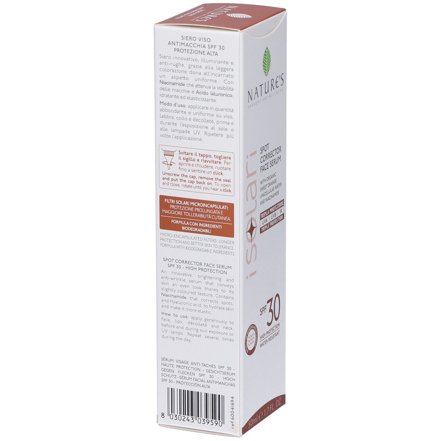 Retro confezione Nature's I Solari Spot Corrector Face Serum. Testo: SPF30, 50ml, protezione UVA, dermatologicamente testato.