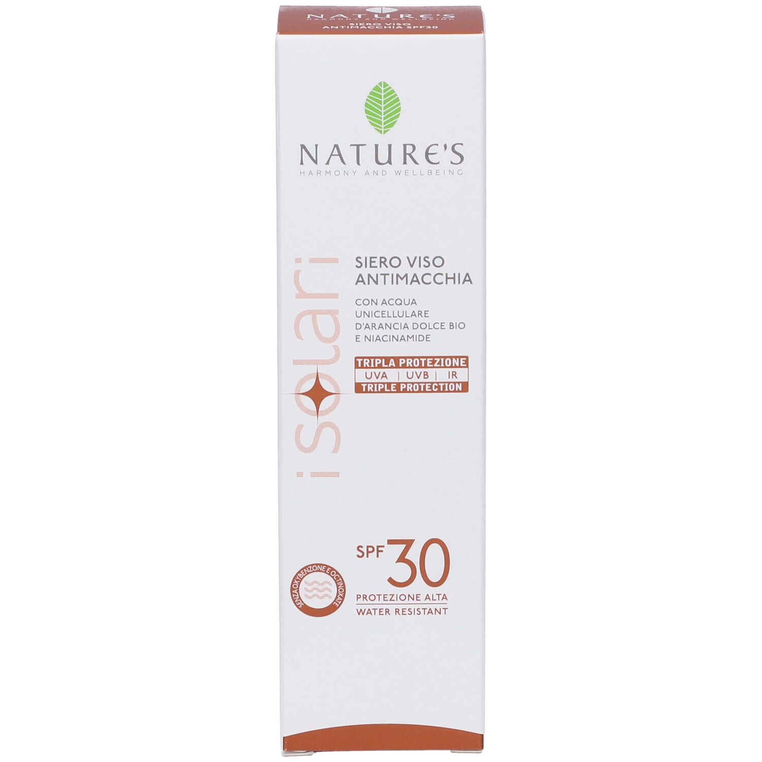 Confezione Nature's I Solari Siero Viso Antimacchia. Bianca con dettagli marroni. Testo: Siero Viso Antimacchia, SPF30, Tripla Protezione.