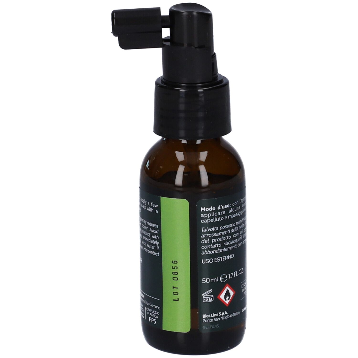 Flacone in vetro ambrato con erogatore spray nero ed etichetta. Contiene 50 ml.