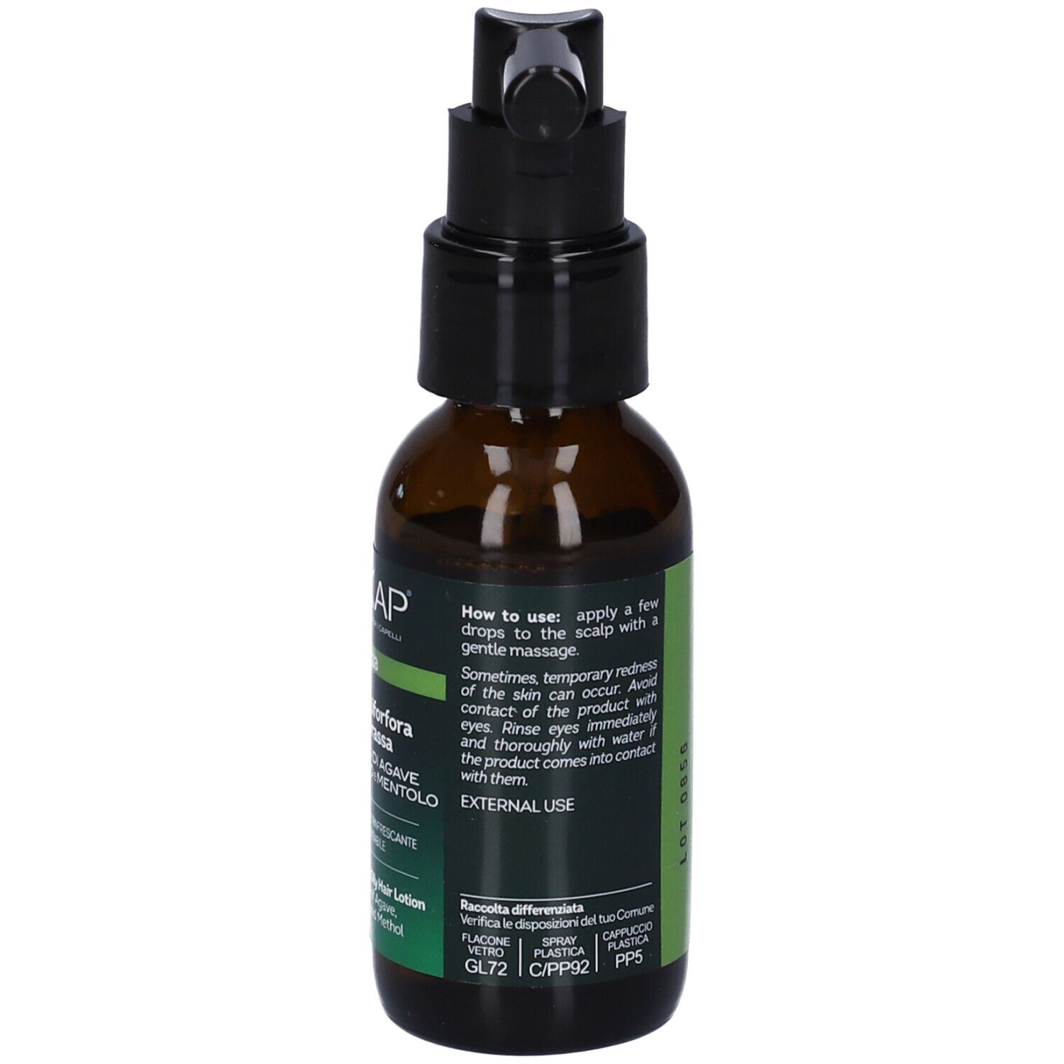 Flacone in vetro marrone con erogatore a pompa, 50ml, per lozione per capelli.