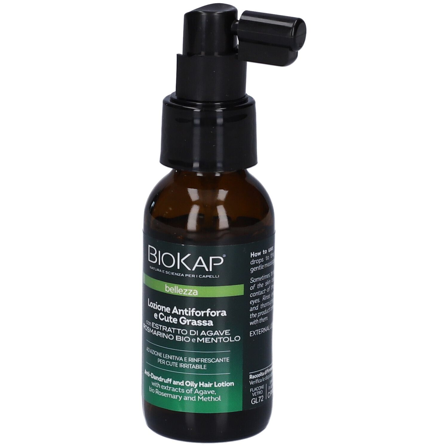 Flacone in vetro ambrato con erogatore nero e applicatore. Biokap Lotion Antiforfora e Cute Grassa.