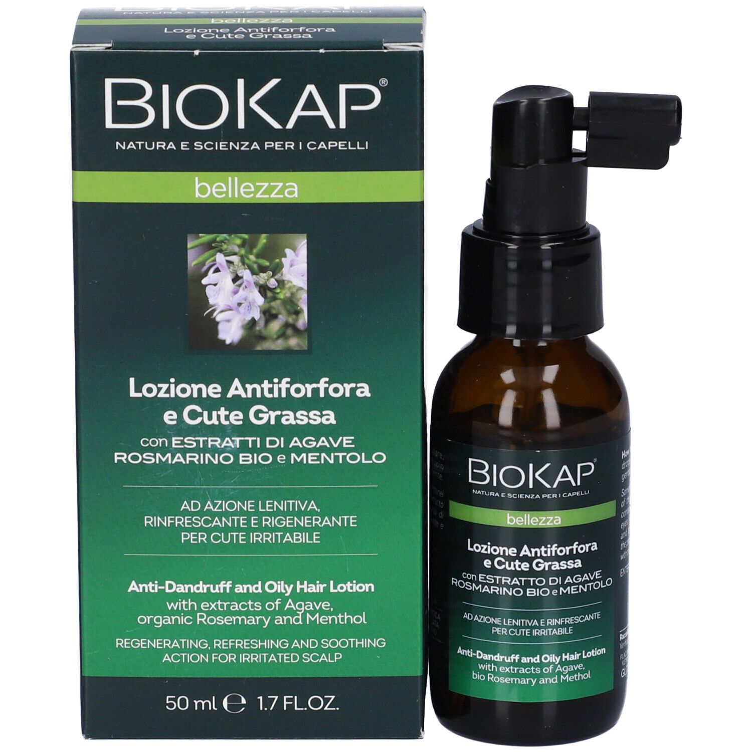 Flacone e scatola di lozione BIOKAP antiforfora e cute grassa.