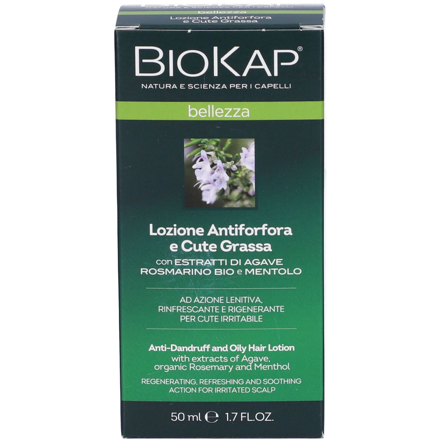 BIOKAP Lozione Antiforfora e Cute Grassa con estratti di Agave, Rosmarino Bio e Mentolo. 50 ml.
