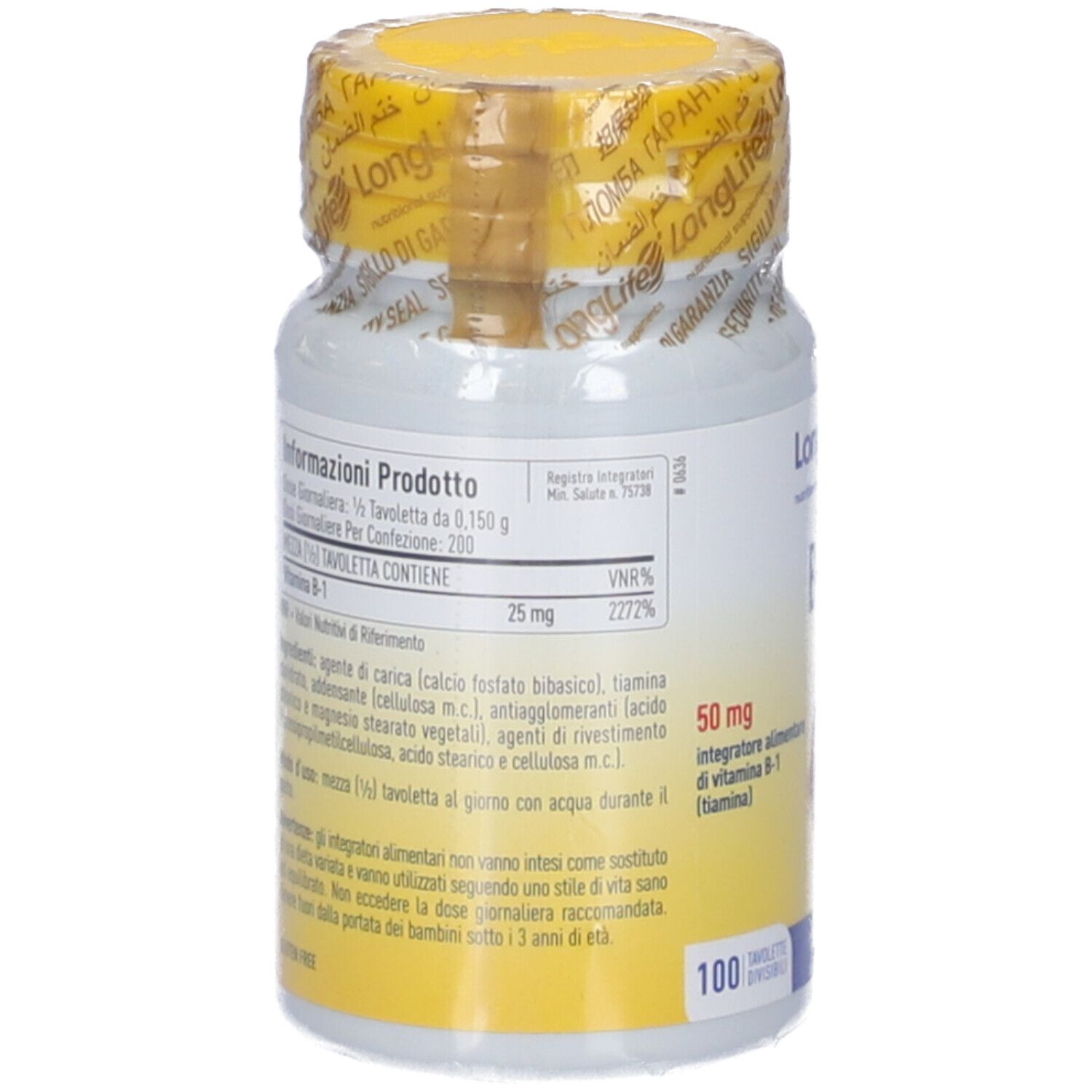 Retro del flacone di compresse. Informazioni su ingredienti e valori nutrizionali. 100 compresse. Senza glutine.