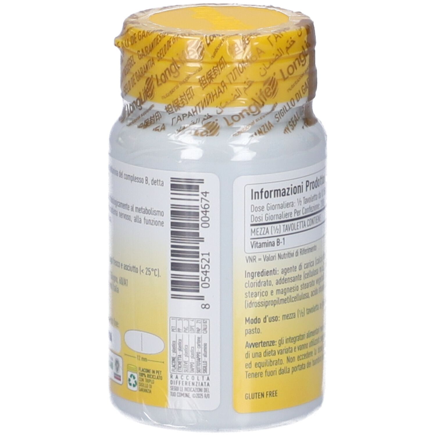 Retro del flacone di compresse. Codice a barre e informazioni. Senza glutine. Simbolo di riciclaggio.