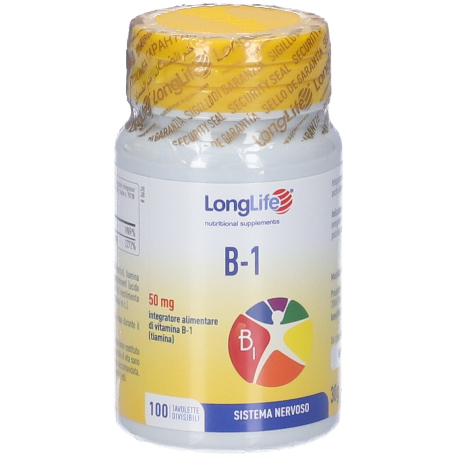 Flacone di compresse con tappo giallo. Scritta: LongLife B-1, 50 mg, 100 compresse. Chiusura di sicurezza.
