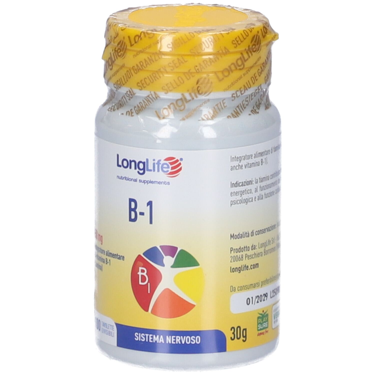 Flacone di compresse con tappo giallo. Scritta: LongLife B-1, 30g. Informazioni e data di scadenza.