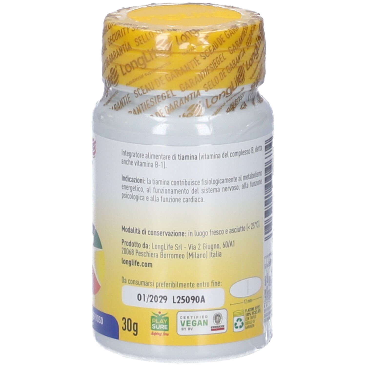 Retro del flacone di compresse. Informazioni, data di scadenza, sigillo vegano, simbolo di riciclaggio.