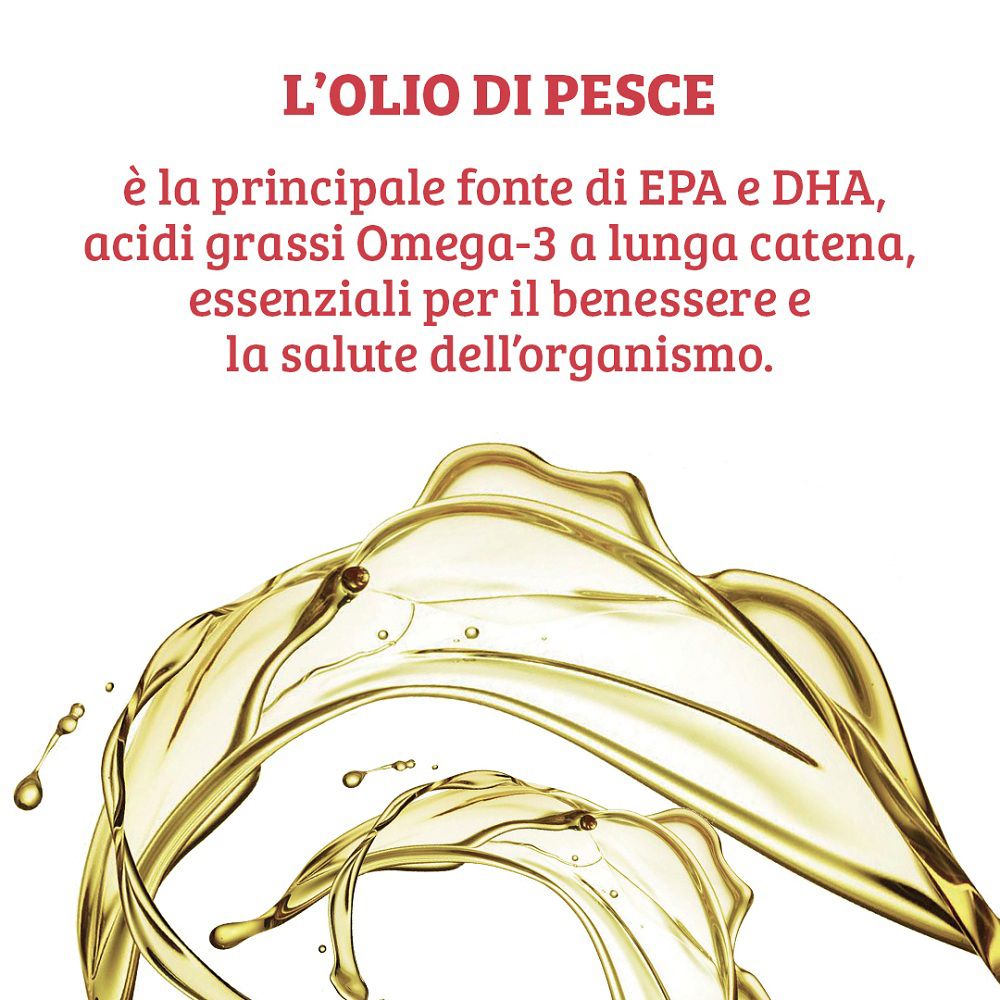 Olio liquido schizza da un simbolo di olio di pesce. Testo su EPA e DHA.